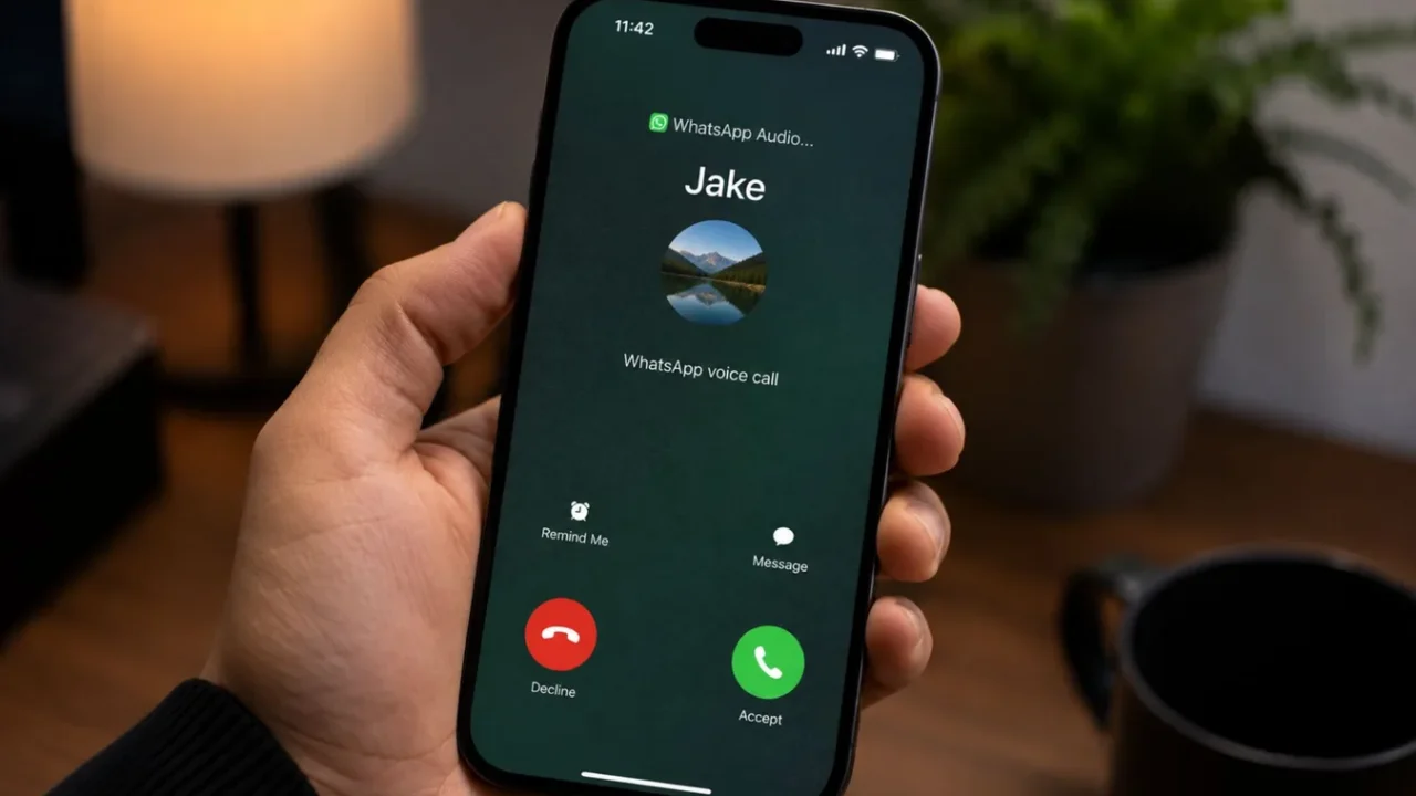 دست یک فرد آیفونی را در دست گرفته که صفحهی تماس ورودی واتساپ با نام Jake، عکس پروفایل کاربر، دکمههای قرمز Decline و سبز Accept و گزینههای Remind Me و Message را روی میز چوبی با لیوان قهوه و گلدان در پسزمینه نشان میدهد.