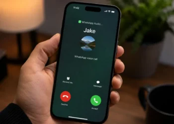 دست یک فرد آیفونی را در دست گرفته که صفحه‌ی تماس ورودی واتس‌اپ با نام Jake، عکس پروفایل کاربر، دکمه‌های قرمز Decline و سبز Accept و گزینه‌های Remind Me و Message را روی میز چوبی با لیوان قهوه و گلدان در پس‌زمینه نشان می‌دهد.