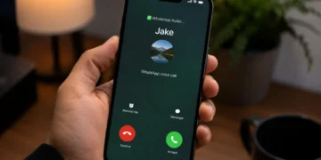 دست یک فرد آیفونی را در دست گرفته که صفحهی تماس ورودی واتساپ با نام Jake، عکس پروفایل کاربر، دکمههای قرمز Decline و سبز Accept و گزینههای Remind Me و Message را روی میز چوبی با لیوان قهوه و گلدان در پسزمینه نشان میدهد.