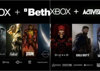 پوستری ترکیبی از لوگوهای Xbox به همراه استودیوهای Bethesda و Activision Blizzard، همراه با کاراکترها و نشان بازی‌های بزرگی مثل Fallout ،Doom ،The Elder Scrolls ،Diablo ،Call of Duty و World of Warcraft.