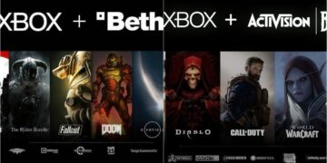 پوستری ترکیبی از لوگوهای Xbox به همراه استودیوهای Bethesda و Activision Blizzard، همراه با کاراکترها و نشان بازیهای بزرگی مثل Fallout ،Doom ،The Elder Scrolls ،Diablo ،Call of Duty و World of Warcraft.