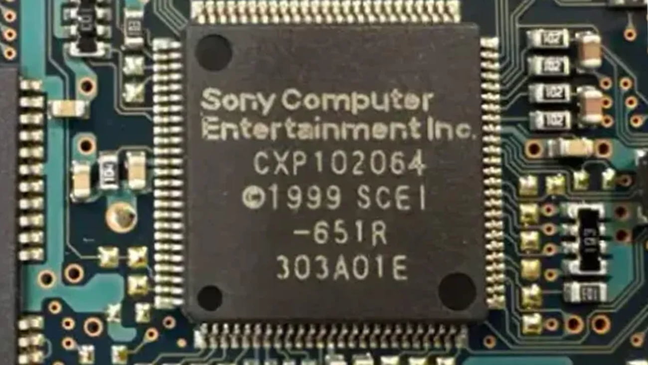 تصویر ماکرو از چیپست پردازنده سونی با عبارت حکشده Sony Computer Entertainment Inc و کد قطعه CXP102064 روی برد الکترونیکی