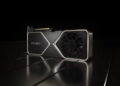 کارت گرافیک NVIDIA RTX 3080 Ti Engineering Sample بهصورت سهربعنما روی سطحی براق و تیره قرار گرفته و بازتاب نور روی آن دیده میشود.