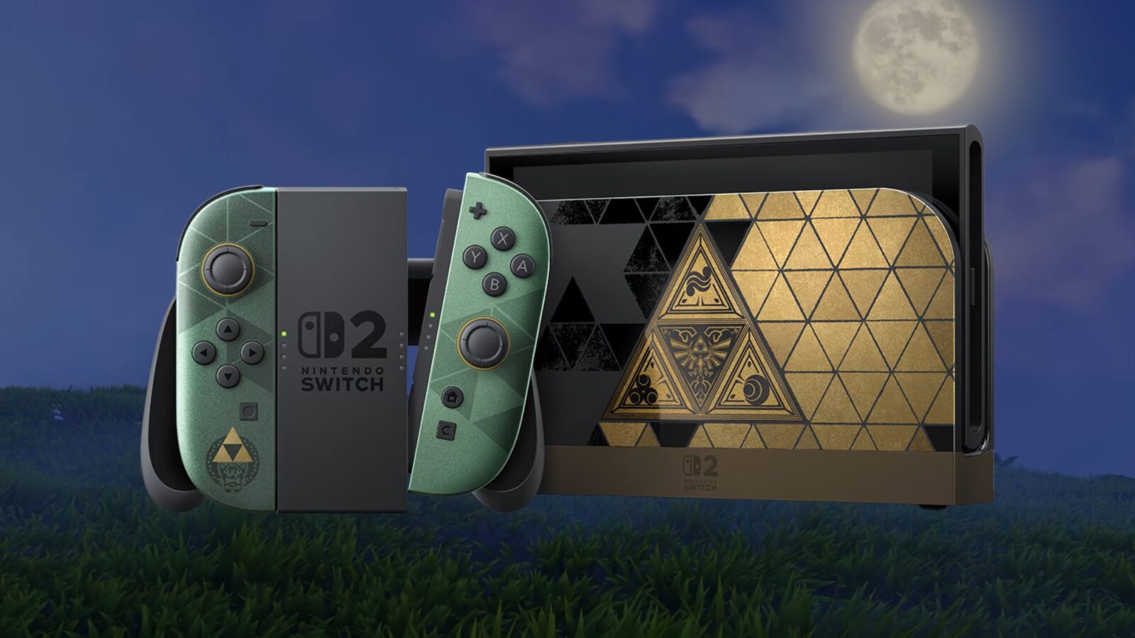 پکیج کامل کنسول نینتندو سوییچ ۲ نسخه سفارشی The Legend of Zelda شامل داک با طرح هندسی طلایی و مشکی نماد تریفورس، کنترلرها و گریپ روی پسزمینه چمنزار زیر نور ماه شبانه.