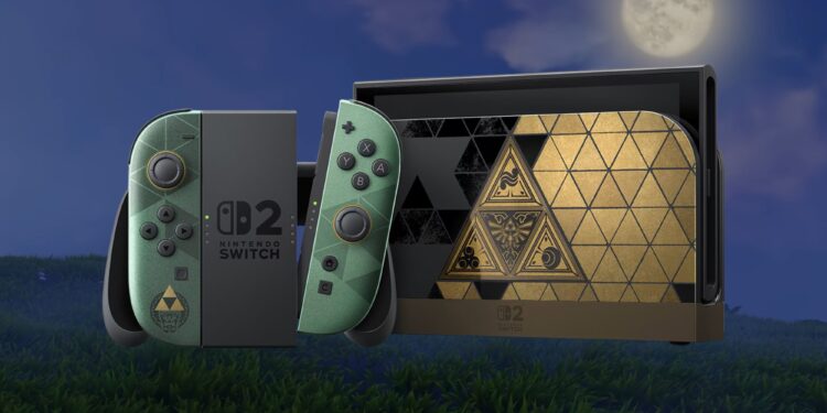 پکیج کامل کنسول نینتندو سوییچ ۲ نسخه سفارشی The Legend of Zelda شامل داک با طرح هندسی طلایی و مشکی نماد تریفورس، کنترلرها و گریپ روی پس‌زمینه چمنزار زیر نور ماه شبانه.
