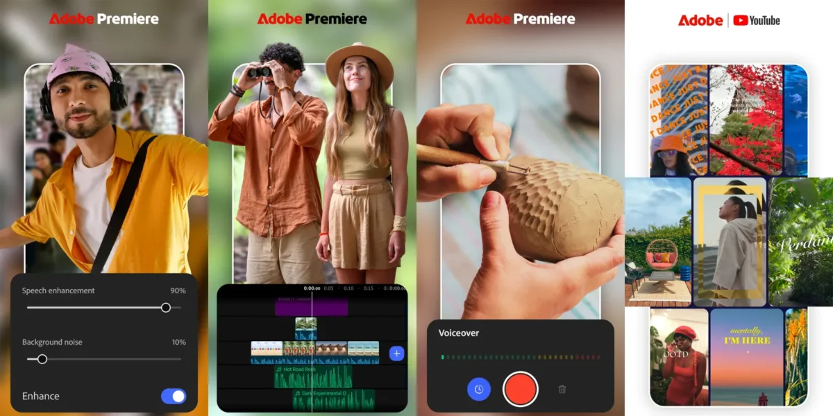 اینفوگرافیک معرفی قابلیتهای اپلیکیشن موبایل Adobe Premiere در چهار بخش مجزا، شامل تنظیمات تقویت صدا و کاهش نویز محیطی با اسلایدرهای درصدی، تایملاین ویرایش ویدیو و صدا، رابط ضبط صدای پسزمینه (Voiceover) و گالری قالبهای ویدیویی عمودی در کنار لوگوی ادوبی و یوتیوب.