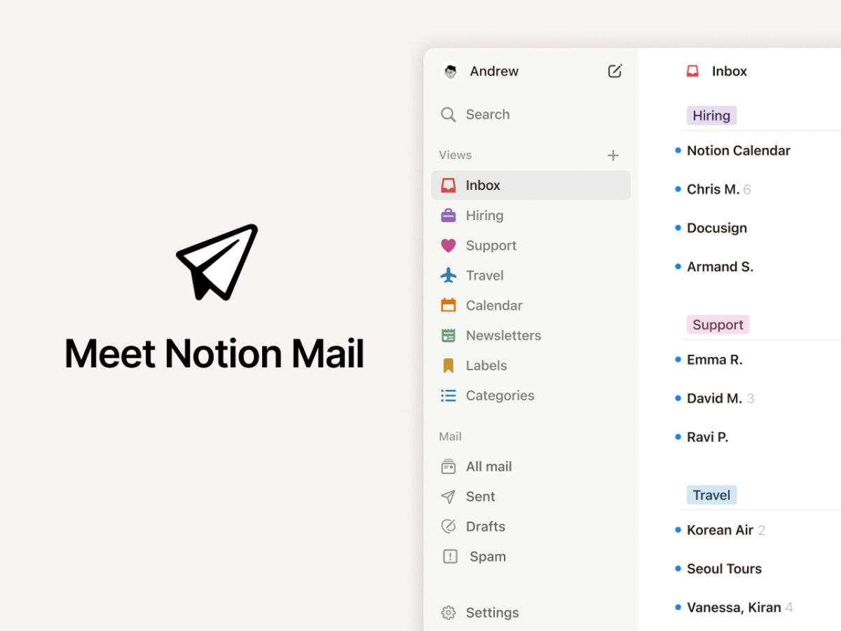 نمای رابط کاربری سرویس Notion Mail برای مدیریت ایمیلها
