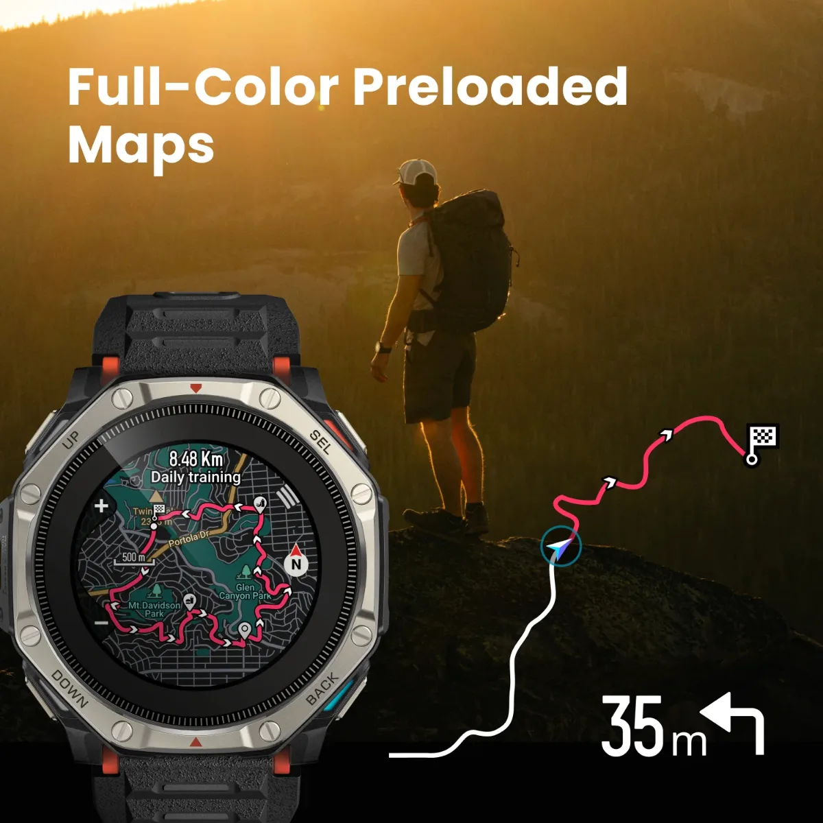 ساعت هوشمند جانسخت Amazfit با صفحهنمایش دایرهای در حال نمایش نقشه تمامرنگی توپوگرافی و مسیر تمرین ورزشی، در کنار تصویر کوهنورد با کولهپشتی در غروب آفتاب و خط گرافیکی مسیر ناوبری.