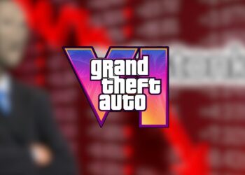 لوگوی رسمی بازی Grand Theft Auto VI در کانون تصویر با پس‌زمینه سرخ نمودار نزولی بازار سهام و افت ارزش مالی صنعت بازی.