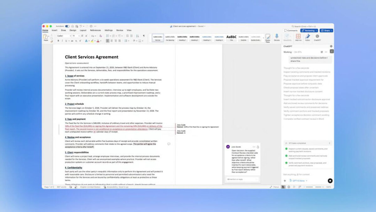 نمای Microsoft Word با نوار کناری ChatGPT برای بررسی، بازنویسی و ویرایش محتوای سند