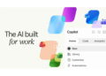 پوستر تبلیغاتی The AI built for work مایکروسافت کوپایلوت با آیکون‌های برنامه‌های اکسل، پاورپوینت و تیمز و منوی کشویی گزینه‌ها.