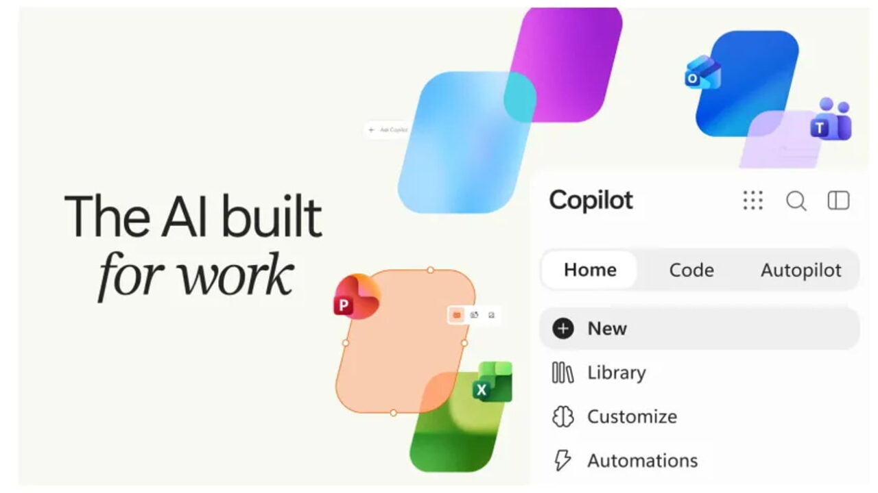 پوستر تبلیغاتی The AI built for work مایکروسافت کوپایلوت با آیکونهای برنامههای اکسل، پاورپوینت و تیمز و منوی کشویی گزینهها.