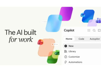 پوستر تبلیغاتی The AI built for work مایکروسافت کوپایلوت با آیکون‌های برنامه‌های اکسل، پاورپوینت و تیمز و منوی کشویی گزینه‌ها.