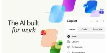پوستر تبلیغاتی The AI built for work مایکروسافت کوپایلوت با آیکون‌های برنامه‌های اکسل، پاورپوینت و تیمز و منوی کشویی گزینه‌ها.