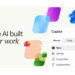پوستر تبلیغاتی The AI built for work مایکروسافت کوپایلوت با آیکونهای برنامههای اکسل، پاورپوینت و تیمز و منوی کشویی گزینهها.