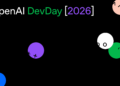 پوستر گرافیکی رسمی رویداد OpenAI DevDay 2026 با پسزمینه مشکی، فونت مینیمال و دایرههای رنگی دارای نمادهای چهره.