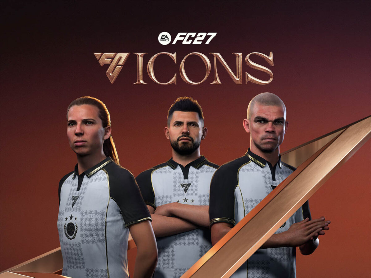 تصویر تبلیغاتی EA Sports FC 27 Icons با حضور سه بازیکن مشهور فوتبال و لوگوی بازی