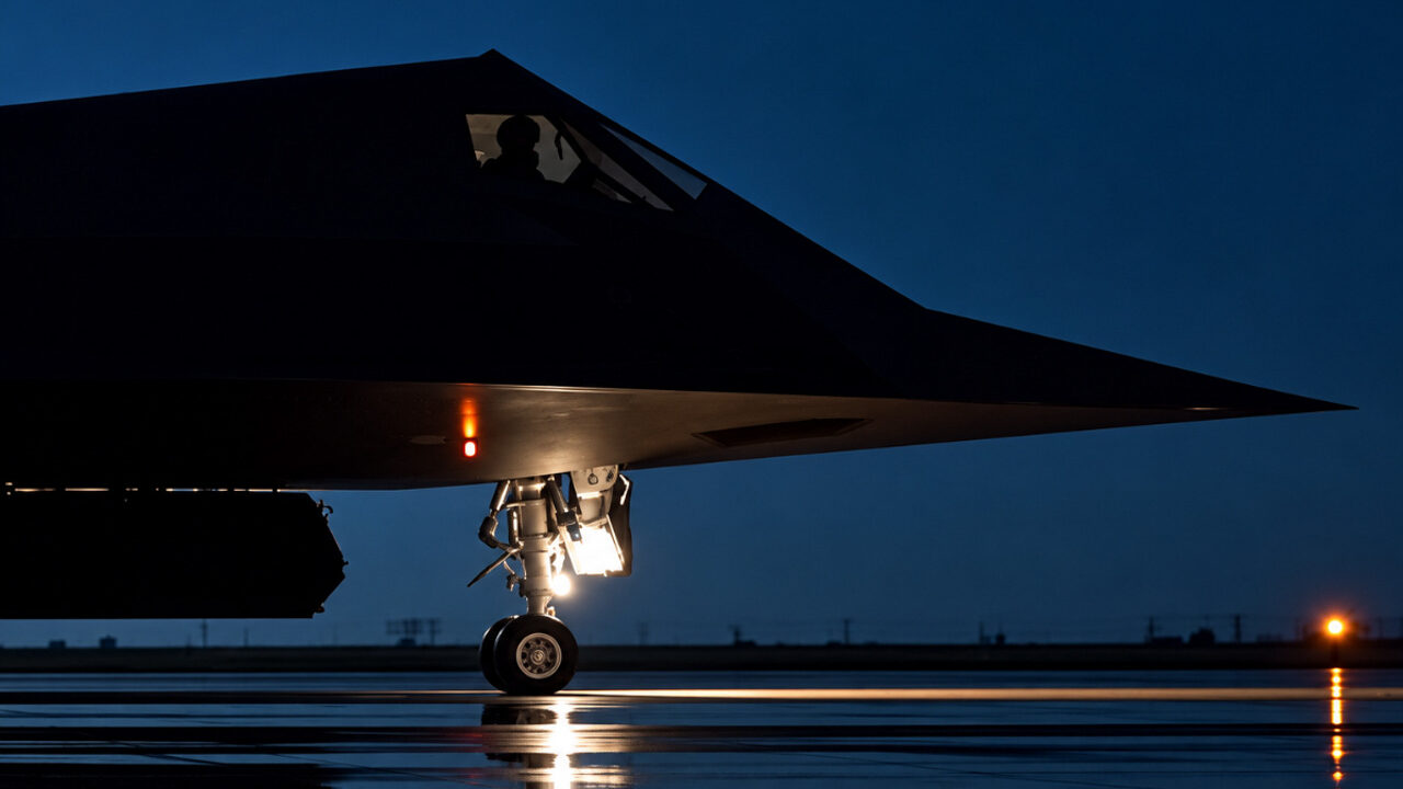نمای نزدیک جنگنده رادارگریز F-117 نایتهاوک هنگام حرکت روی باند در تاریکی شب