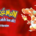 پوستر رسمی بازی Pokemon Red Version همراه با لوگوی کلاسیک پوکت مانسترز و تصویر اژدهای آتشین چاریزارد روی پس‌زمینه قرمز