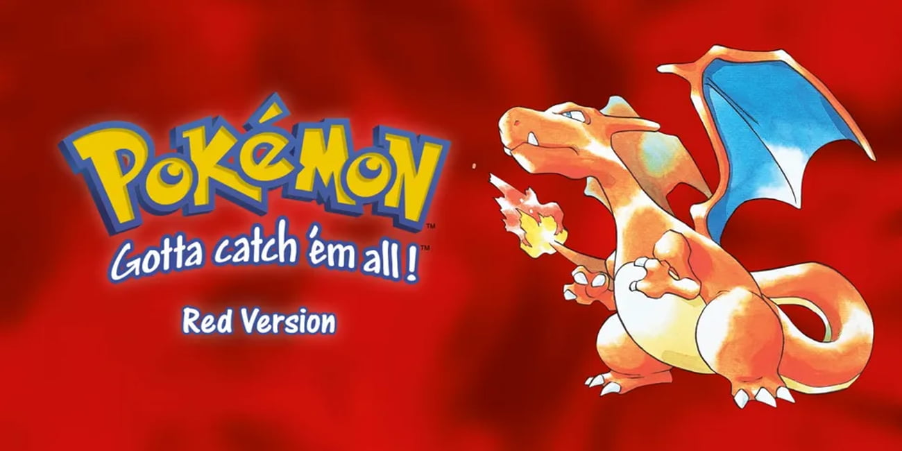 پوستر رسمی بازی Pokemon Red Version همراه با لوگوی کلاسیک پوکت مانسترز و تصویر اژدهای آتشین چاریزارد روی پسزمینه قرمز