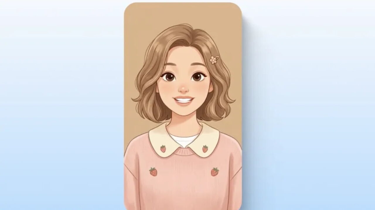 تصویرسازی انیمیشنی پرتره یک دختر جوان با موهای قهوه‌ای کوتاه، لبخند ملایم و بلوز صورتی با طرح توت‌فرنگی روی پس‌زمینه کرم.