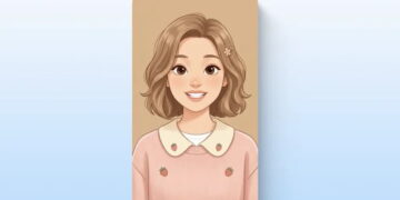 تصویرسازی انیمیشنی پرتره یک دختر جوان با موهای قهوه‌ای کوتاه، لبخند ملایم و بلوز صورتی با طرح توت‌فرنگی روی پس‌زمینه کرم.