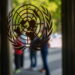 نشان طلاییرنگ سازمان ملل متحد با طرح کره زمین و شاخههای زیتون حکشده روی در شیشهای ورودی با نمای محو از افراد در پشت شیشه.