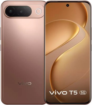 نمای پشت و جلوی گوشی ویوو T5 5G به رنگ برنزی با جزیره دوربین افقی دوگانه، حلقه فلاش LED و نمایشگر روشن با والپیپر انتزاعی طلایی.