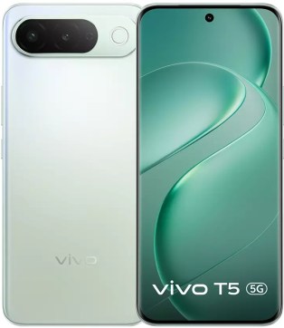 نمای جلو و پشت گوشی ویوو T5 5G به رنگ نقرهای متمایل به سبز با نمایشگر حفرهدار، حاشیههای بسیار باریک، قاب مات و ماژول دوربین پشتی کپسولی افقی.