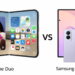 تصویر مقایسهای شامل کانسپت گوشی تاشو اپل با نام iPhone Duo در سمت چپ و گوشی سامسونگ Galaxy Z Fold 8 در سمت راست