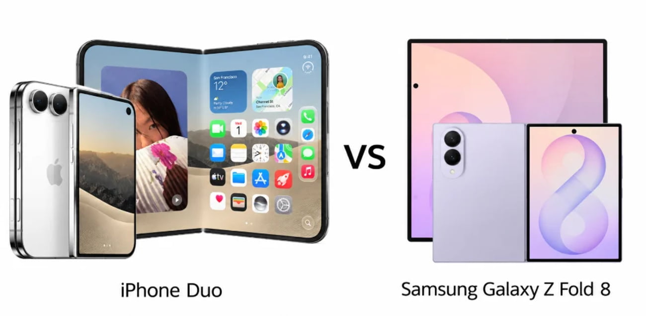 تصویر مقایسهای شامل کانسپت گوشی تاشو اپل با نام iPhone Duo در سمت چپ و گوشی سامسونگ Galaxy Z Fold 8 در سمت راست