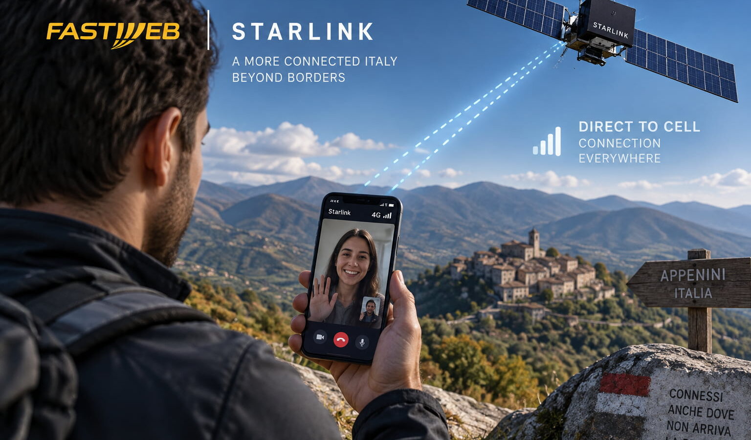 تصویر تبلیغاتی مشترک Fastweb و Starlink با ماهوارهای که به گوشی در حال تماس تصویری متصل است، نشاندهنده اتصال مستقیم به سلول (Direct to Cell) در مناطق کوهستانی و روستایی ایتالیا با علامتهای Appenini Italia