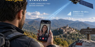 تصویر تبلیغاتی مشترک Fastweb و Starlink با ماهواره‌ای که به گوشی در حال تماس تصویری متصل است، نشان‌دهنده اتصال مستقیم به سلول (Direct to Cell) در مناطق کوهستانی و روستایی ایتالیا با علامت‌های Appenini Italia