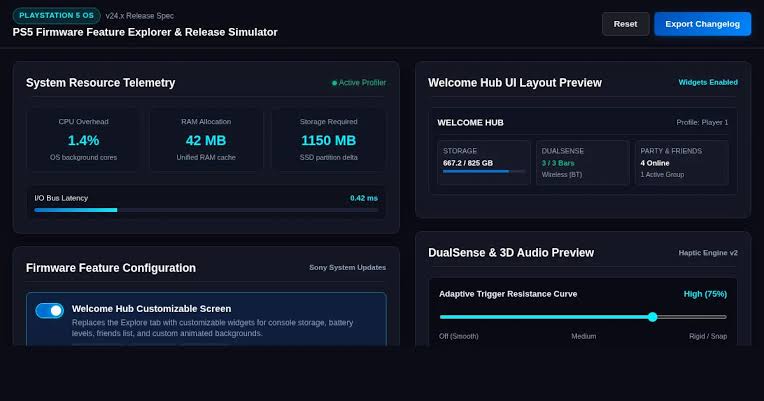 محیط کاربری ابزار شبیهساز فریمور PS5 Firmware Feature Explorer شامل اطلاعات مصرف منابع سیستم، پیشنمایش هاب خوشآمدگویی و تنظیمات دسته دوئلسنس