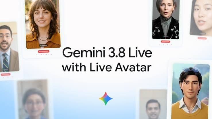پوستر تبلیغاتی Gemini 3.8 Live with Live Avatar با ستاره رنگارنگ جمینای در مرکز و کارتهای عمودی شامل پرتره افراد و آواتارهای دیجیتالی.