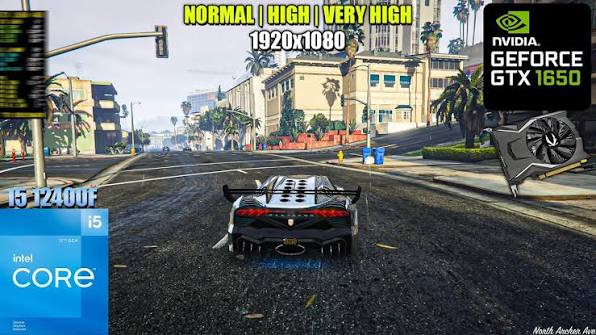 تست بنچمارک بازی GTA V با کیفیت 1080p روی پردازنده Intel Core i5 12400F و کارت گرافیک انویدیا GeForce GTX 1650 همراه با ماشین اسپرت در خیابان‌های شهر لوس سانتوس