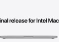 نمای لبه باریک لپتاپ بسته مکبوک در پایین کادر به همراه متن انگلیسی Final release for Intel Macs روی پسزمینه سفید یکدست.