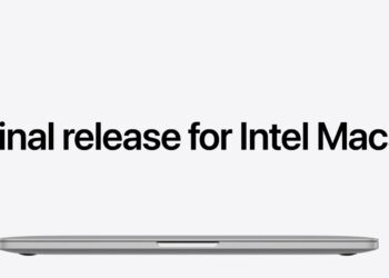 نمای لبه باریک لپتاپ بسته مکبوک در پایین کادر به همراه متن انگلیسی Final release for Intel Macs روی پسزمینه سفید یکدست.