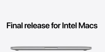 نمای لبه باریک لپتاپ بسته مکبوک در پایین کادر به همراه متن انگلیسی Final release for Intel Macs روی پسزمینه سفید یکدست.