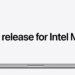 نمای لبه باریک لپتاپ بسته مکبوک در پایین کادر به همراه متن انگلیسی Final release for Intel Macs روی پسزمینه سفید یکدست.