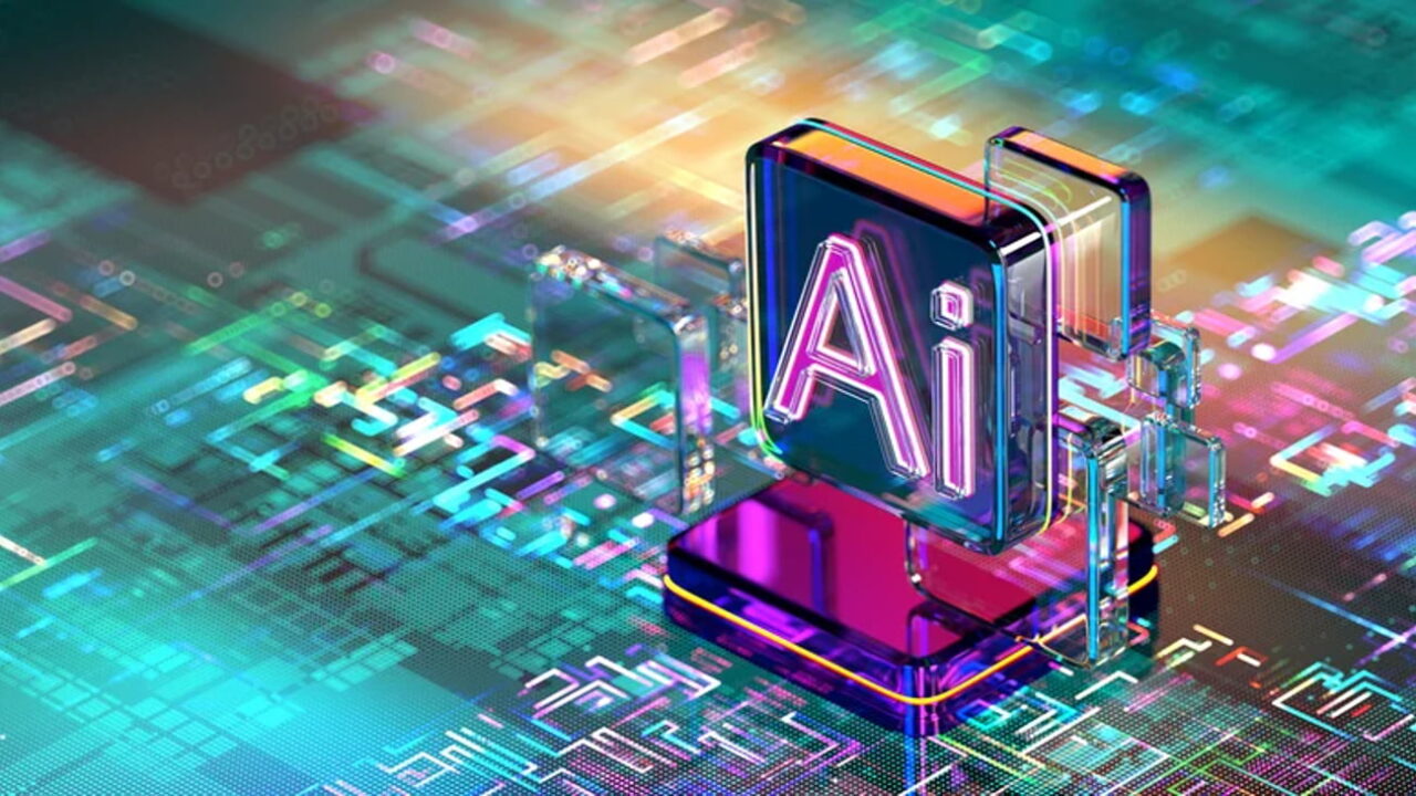 لوگوی شیشهای و سهبعدی حروف AI با نورپردازی نئونی بنفش و فیروزهای روی برد الکترونیکی مجهز به مدارات دیجیتال