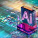 لوگوی شیشهای و سهبعدی حروف AI با نورپردازی نئونی بنفش و فیروزهای روی برد الکترونیکی مجهز به مدارات دیجیتال