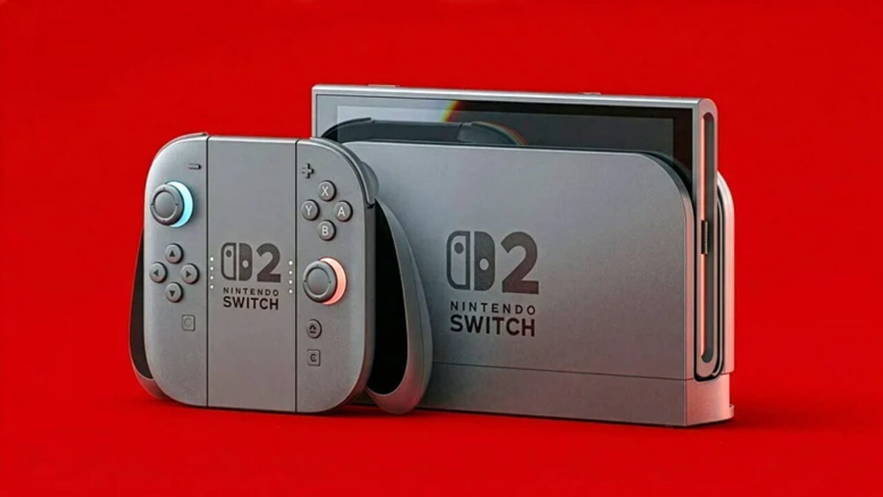 رندر کنسول Nintendo Switch 2 با کنترلرهای Joy-Con رنگی روی پسزمینه قرمز پررنگ که طراحی جدید و تغییریافته دستگاه را در مقایسه با نسل قبلی به نمایش میگذارد.