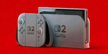 رندر کنسول Nintendo Switch 2 با کنترلرهای Joy-Con رنگی روی پسزمینه قرمز پررنگ که طراحی جدید و تغییریافته دستگاه را در مقایسه با نسل قبلی به نمایش میگذارد.