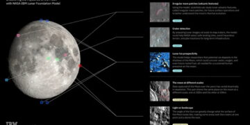 اینفوگرافیک سیاه و سفید از کره ماه و قابلیتهای مدل پایه NASA-IBM شامل تشخیص لکههای آتشفشانی، دهانهها، یخهای قطبی و بررسی سطح ماه در مقیاسها و زاویههای مختلف تابش نور خورشید.