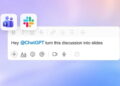 کادر ورودی پیام چت با دستور فراخوانی ChatGPT جهت تبدیل بحث‌ها به اسلاید به همراه آیکون‌های ادغام برنامه‌های مایکروسافت تیمز و اسلک در پس‌زمینه‌ای بنفش و ملایم.
