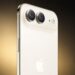 نمای نزدیک از پشت گوشی iPhone Air اپل در رنگ کرم روشن؛ دوربین دو‌لنز با قاب طلایی، فلش LED و لوگوی اپل روی پس‌زمینه طلایی-مشکی استودیویی.