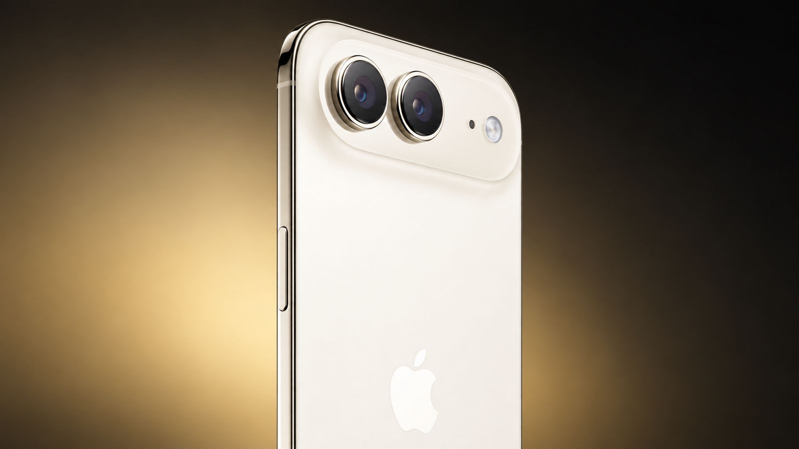 نمای نزدیک از پشت گوشی iPhone Air اپل در رنگ کرم روشن؛ دوربین دولنز با قاب طلایی، فلش LED و لوگوی اپل روی پسزمینه طلایی-مشکی استودیویی.