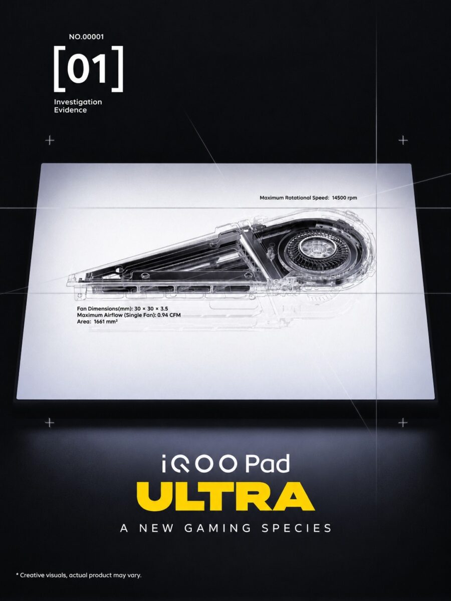 پوستر رسمی iQOO Pad Ultra با شماره ۰۱ از مجموعه Investigation Evidence که نمای شفاف و رندر شده فن خنککننده داخلی را به همراه مشخصات فنی نشان میدهد؛ ابعاد فن ۳۰ در ۳۰ در ۳.۵ میلیمتر، حداکثر سرعت چرخش ۱۴۵۰۰ دور در دقیقه و دبی هوای تک فن ۰.۹۴ CFM با زیرنویس A New Gaming Species.