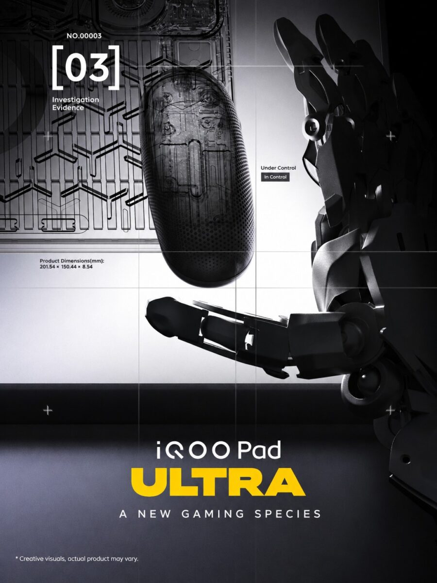 پوستر رسمی iQOO Pad Ultra با شماره ۰۳ که قلم لمسی با طراحی شفاف و شبکه مدارهای داخلی را به همراه دست رباتیک و بازوی مکانیکی نمایش میدهد؛ ابعاد محصول ۲۰۱.۵۴ در ۱۵۰.۴۴ در ۸.۵۴ میلیمتر با برچسب Under Control درج شده است.
